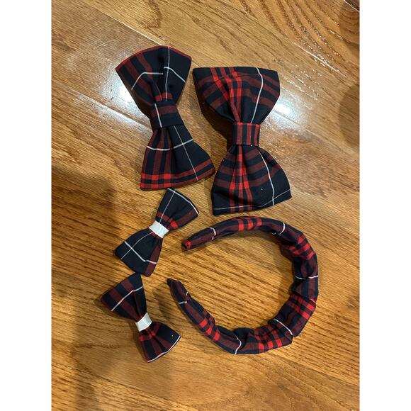 Girls School Uniform Bow and headband set Lands End Large Plaid Handmade - Picture 1 of 2